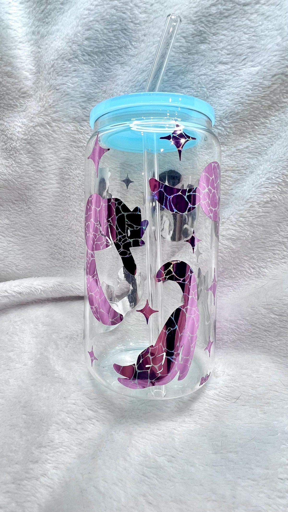 Pink and blue holographic cat Glass Cup, light blue colored Acrylic Lid & Straw