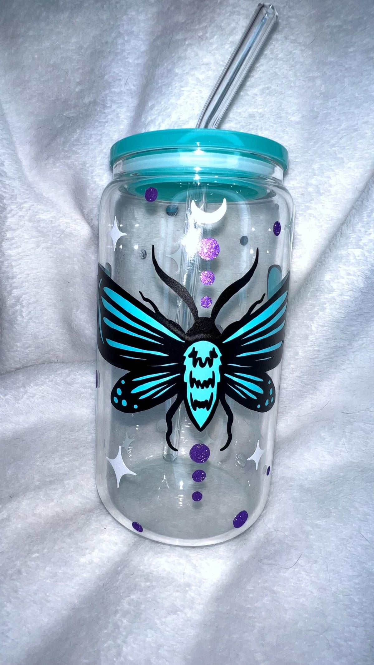 Moth and Stars Glass Cup with Aqua Lid & Straw