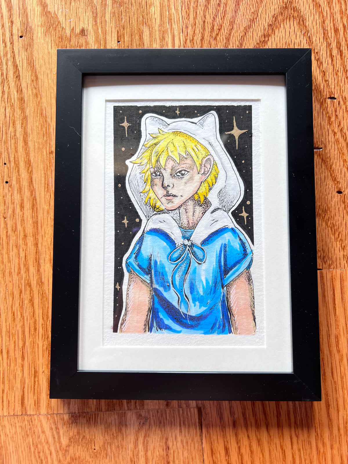 Stylized Adventure fan art hand painted with gouache paint (framed)