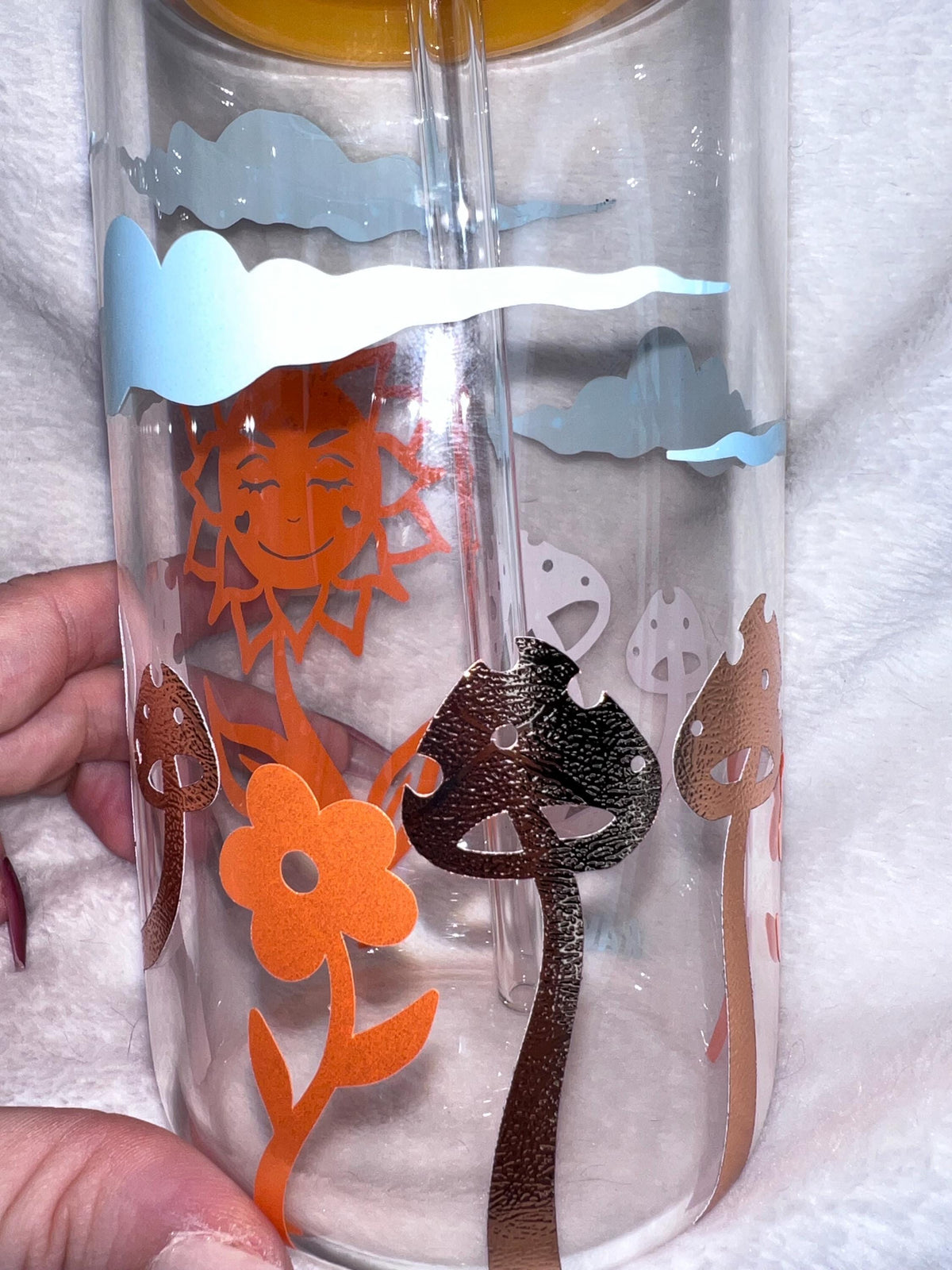 Golden rays of sunshine Glass Cup, Orange Acrylic Lid & Straw