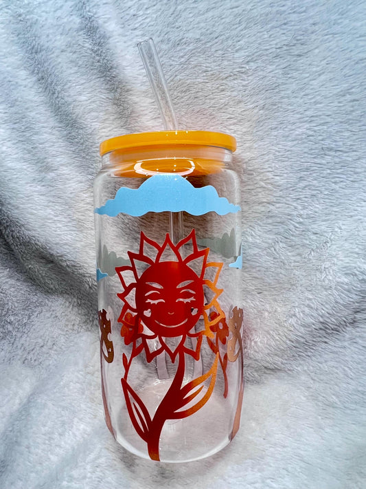Golden rays of sunshine Glass Cup, Orange Acrylic Lid & Straw