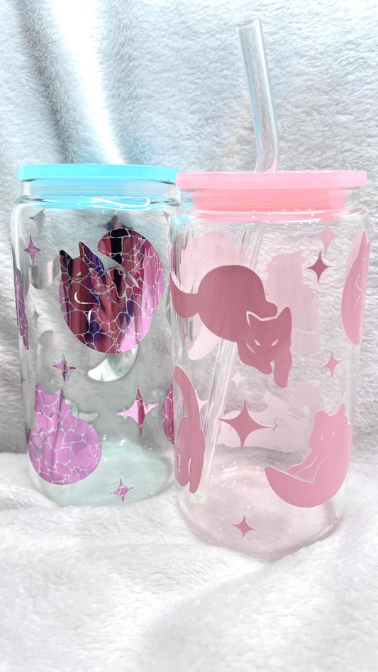 Color Changing Cat Glass Cup, acrylic Lid & Straw