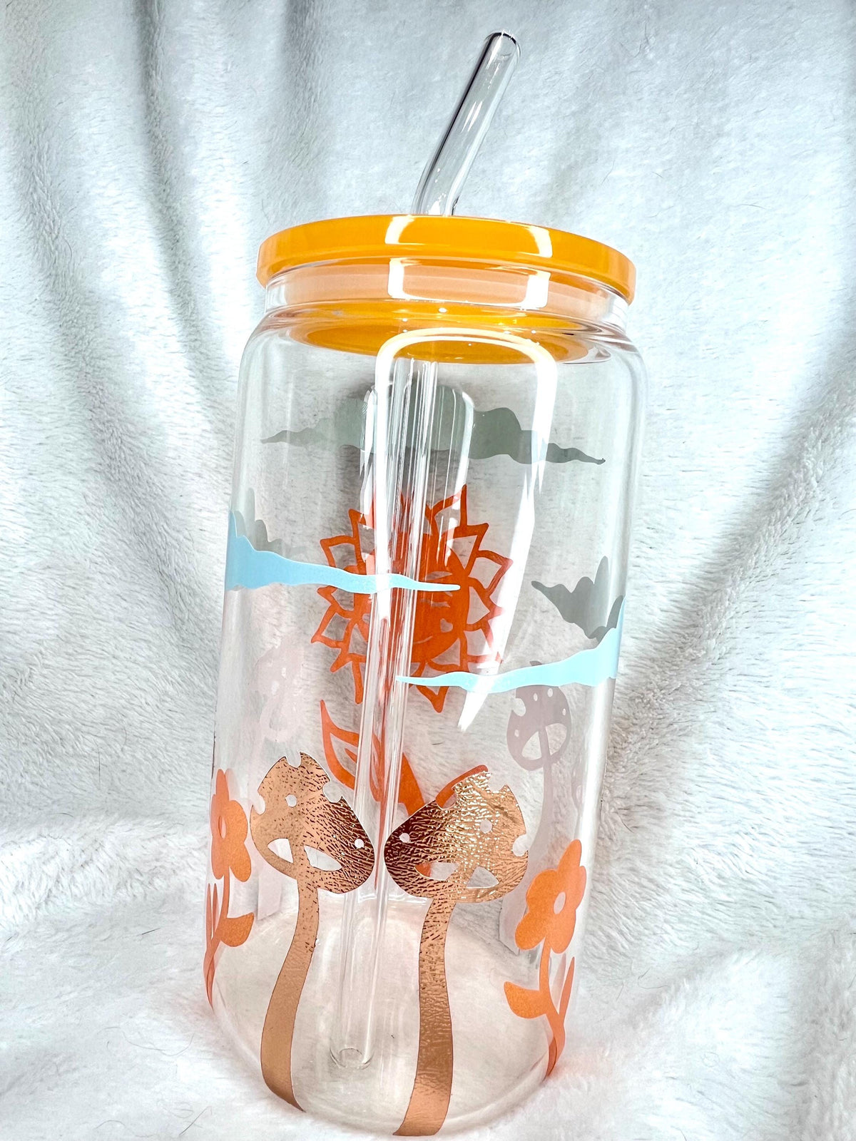 Golden rays of sunshine Glass Cup, Orange Acrylic Lid & Straw
