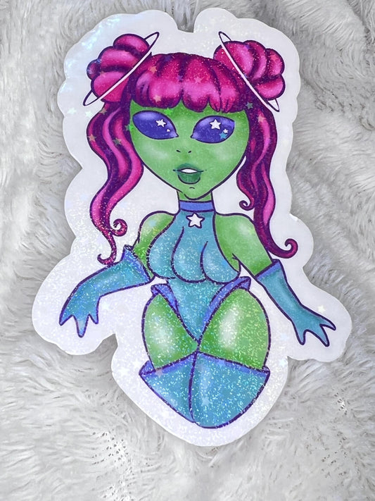 Alien babe sticker, vinyl stickers, holographic stars