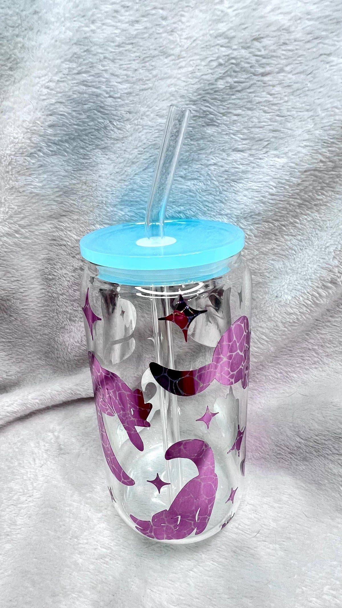 Pink and blue holographic cat Glass Cup, light blue colored Acrylic Lid & Straw