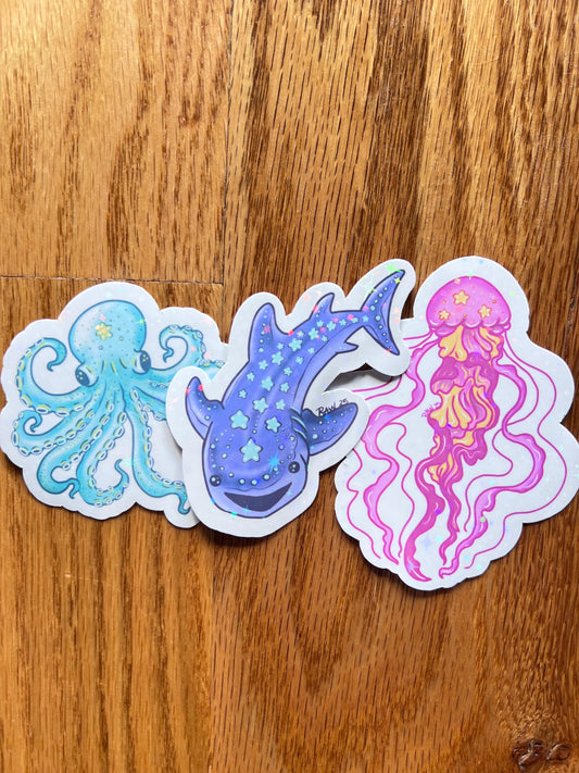 Pastel sea creature  stickers, vinyl stickers, holographic stars