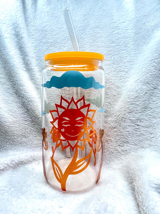 Golden rays of sunshine Glass Cup, Orange Acrylic Lid & Straw