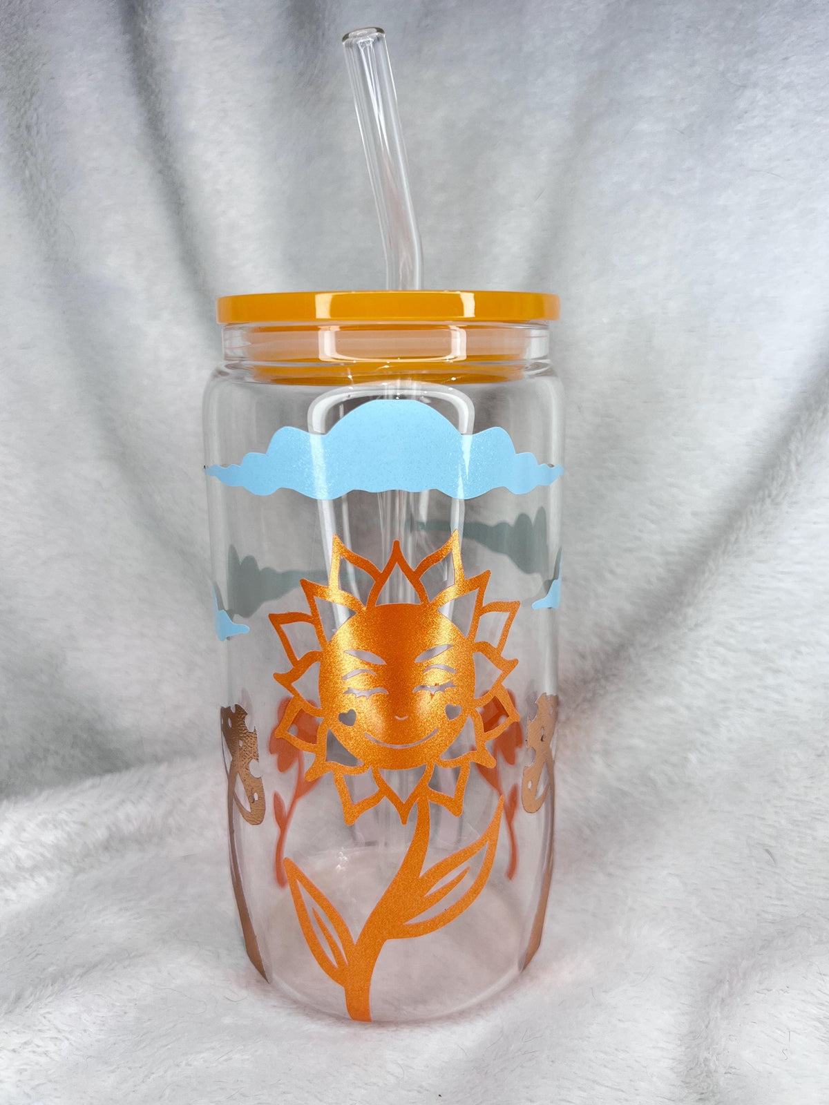 Golden rays of sunshine Glass Cup, Orange Acrylic Lid & Straw