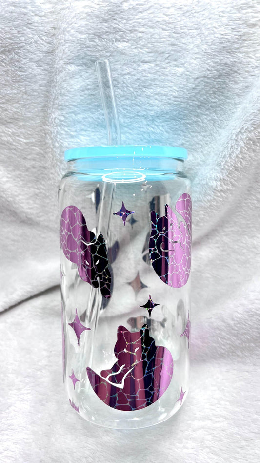 Pink and blue holographic cat Glass Cup, light blue colored Acrylic Lid & Straw