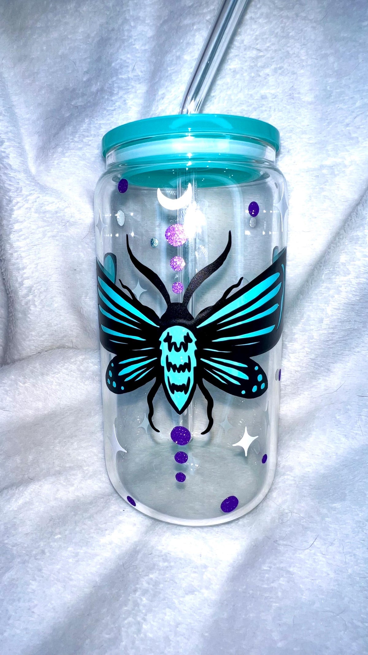 Moth and Stars Glass Cup with Aqua Lid & Straw