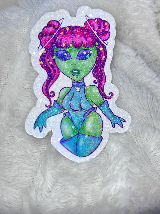 Alien babe sticker, vinyl stickers, holographic stars