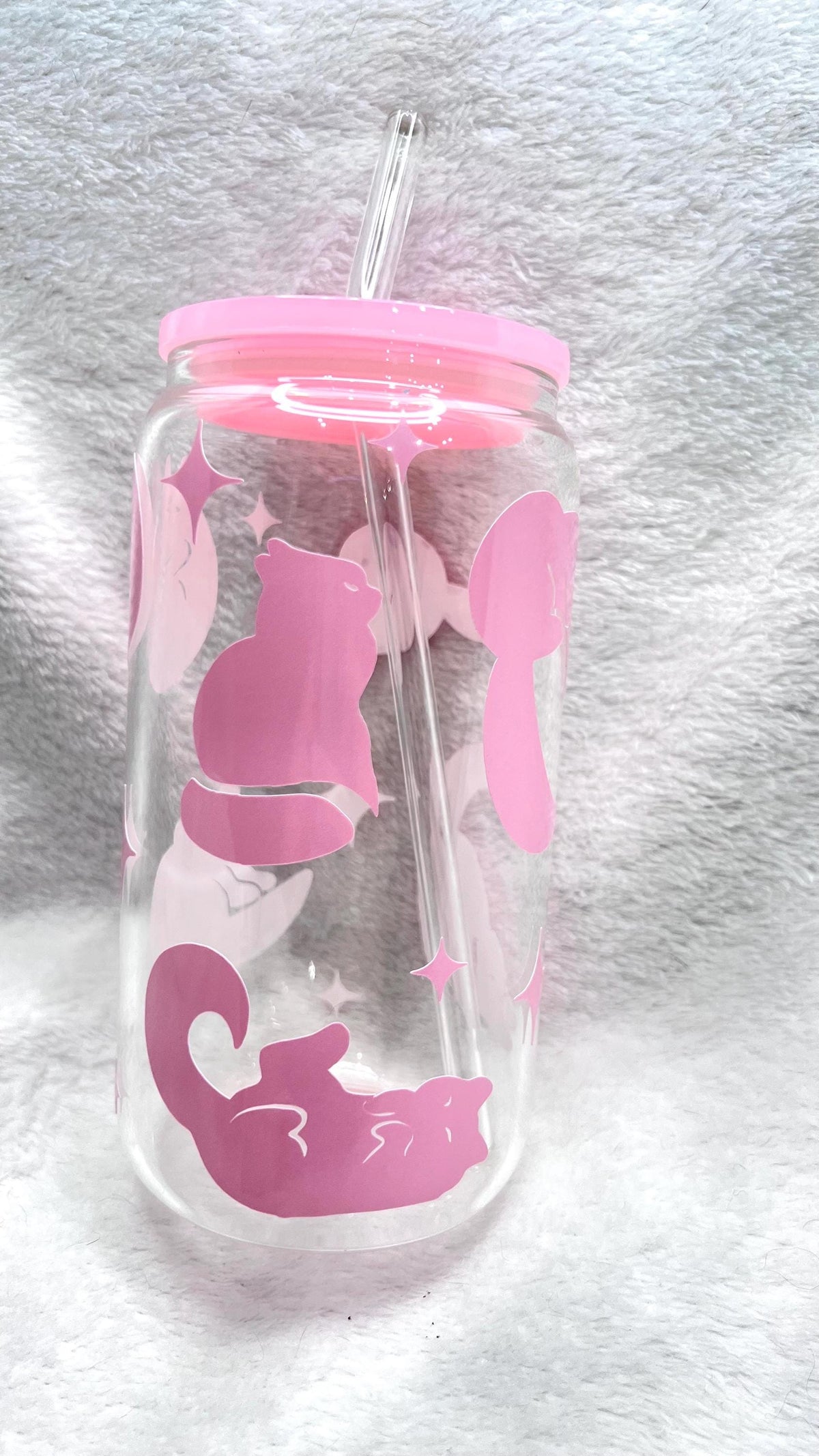 Color Changing Cat Glass Cup, acrylic Lid & Straw