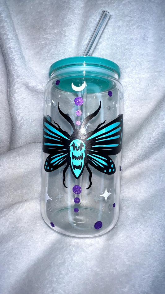 Moth and Stars Glass Cup with Aqua Lid & Straw