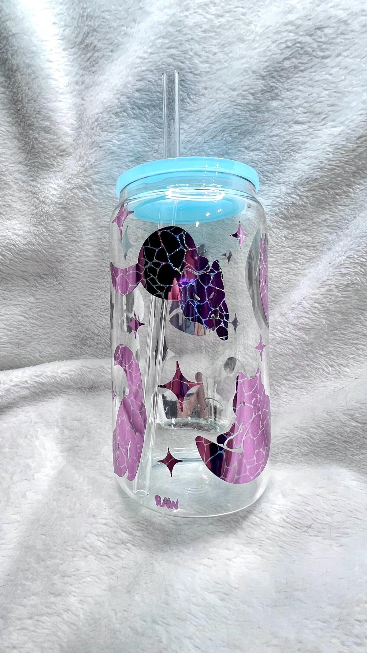 Pink and blue holographic cat Glass Cup, light blue colored Acrylic Lid & Straw