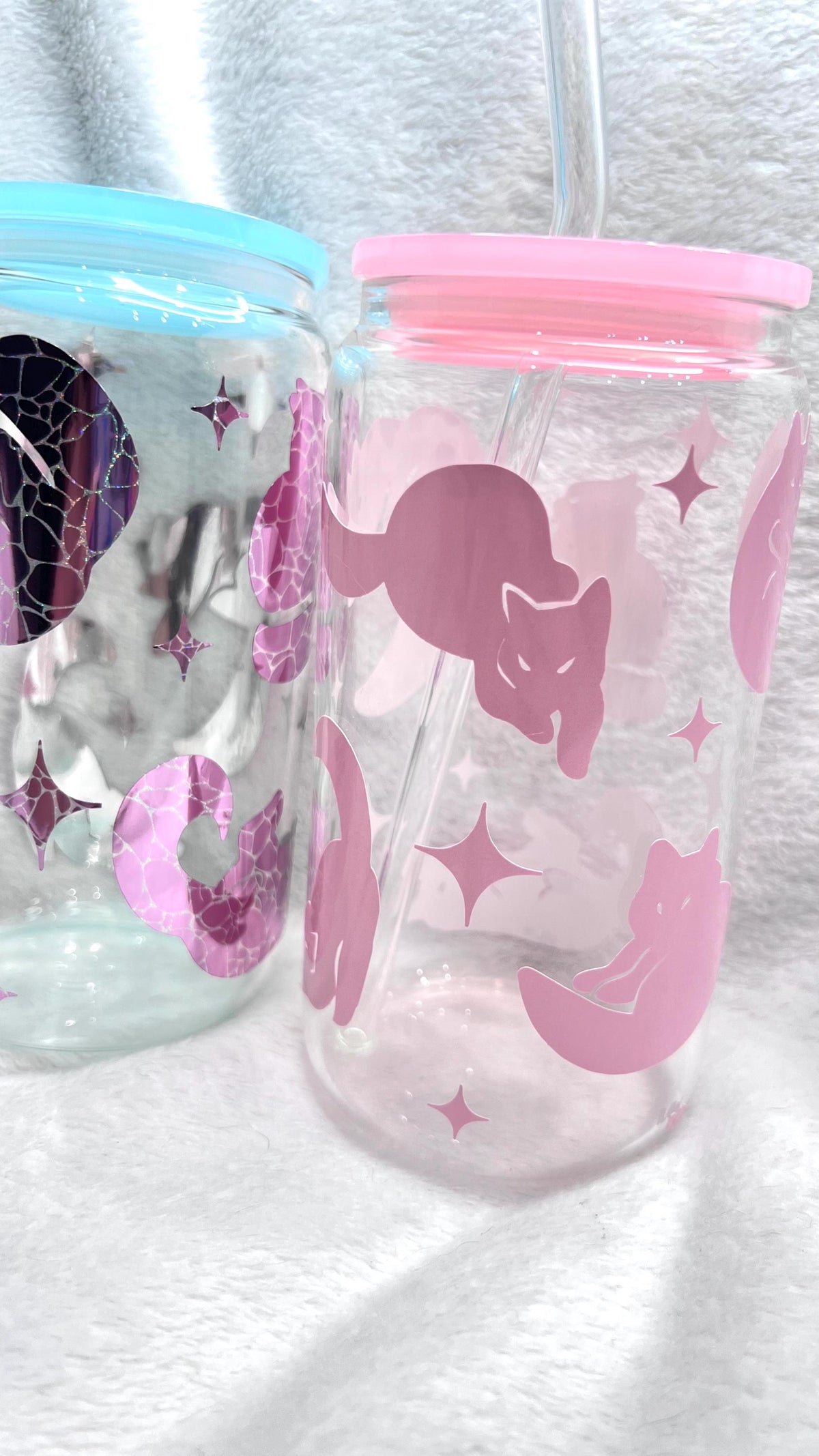 Color Changing Cat Glass Cup, acrylic Lid & Straw