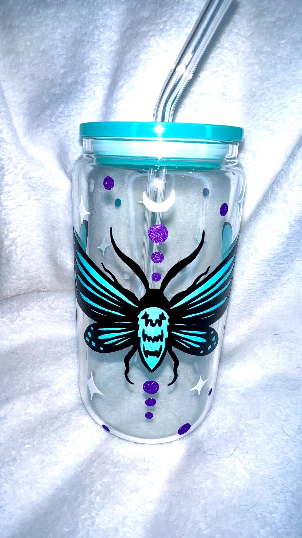 Moth and Stars Glass Cup with Aqua Lid & Straw