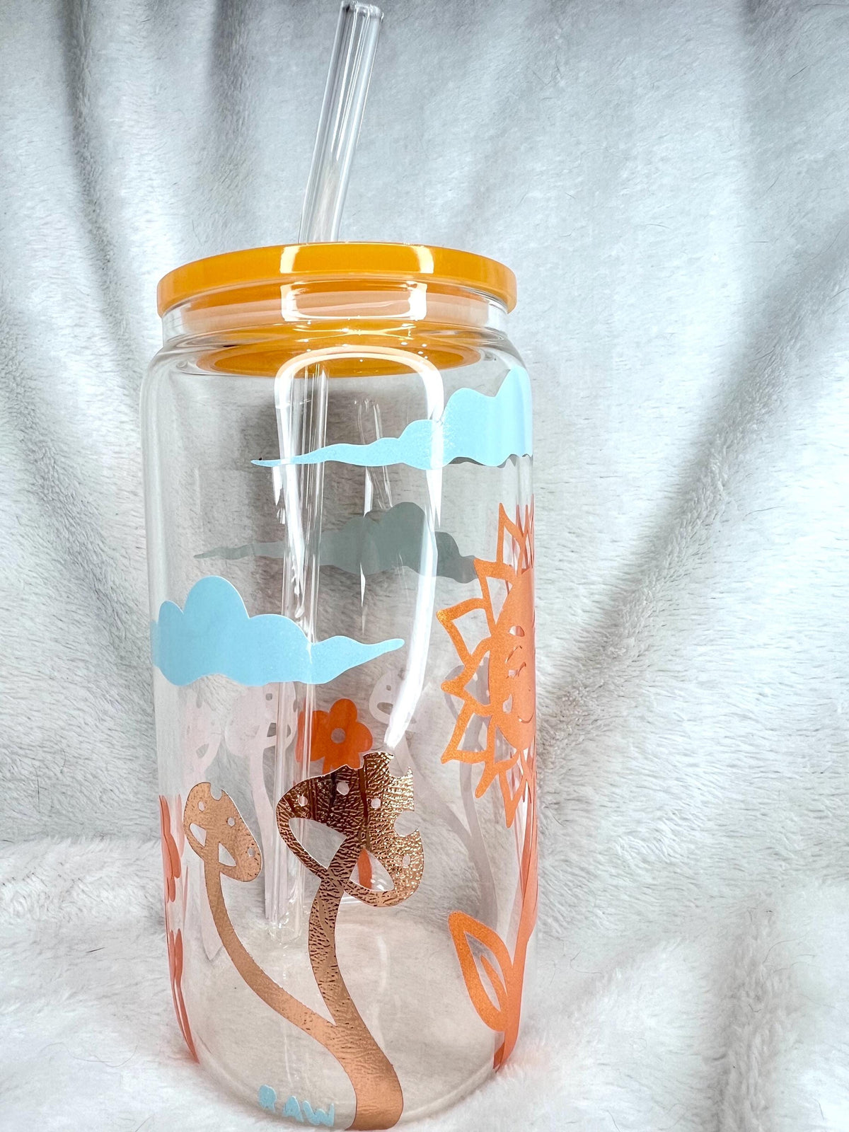 Golden rays of sunshine Glass Cup, Orange Acrylic Lid & Straw