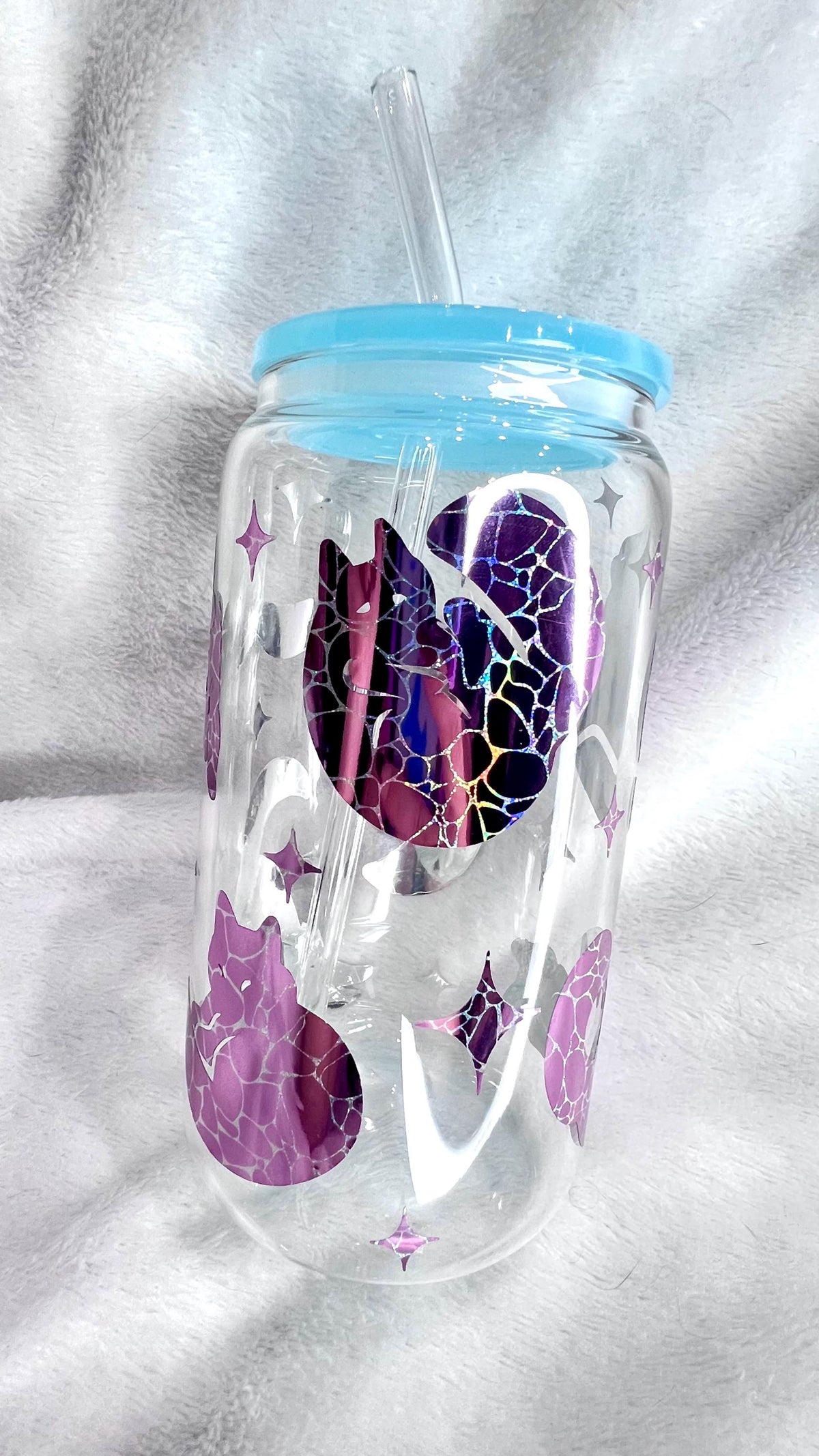 Pink and blue holographic cat Glass Cup, light blue colored Acrylic Lid & Straw