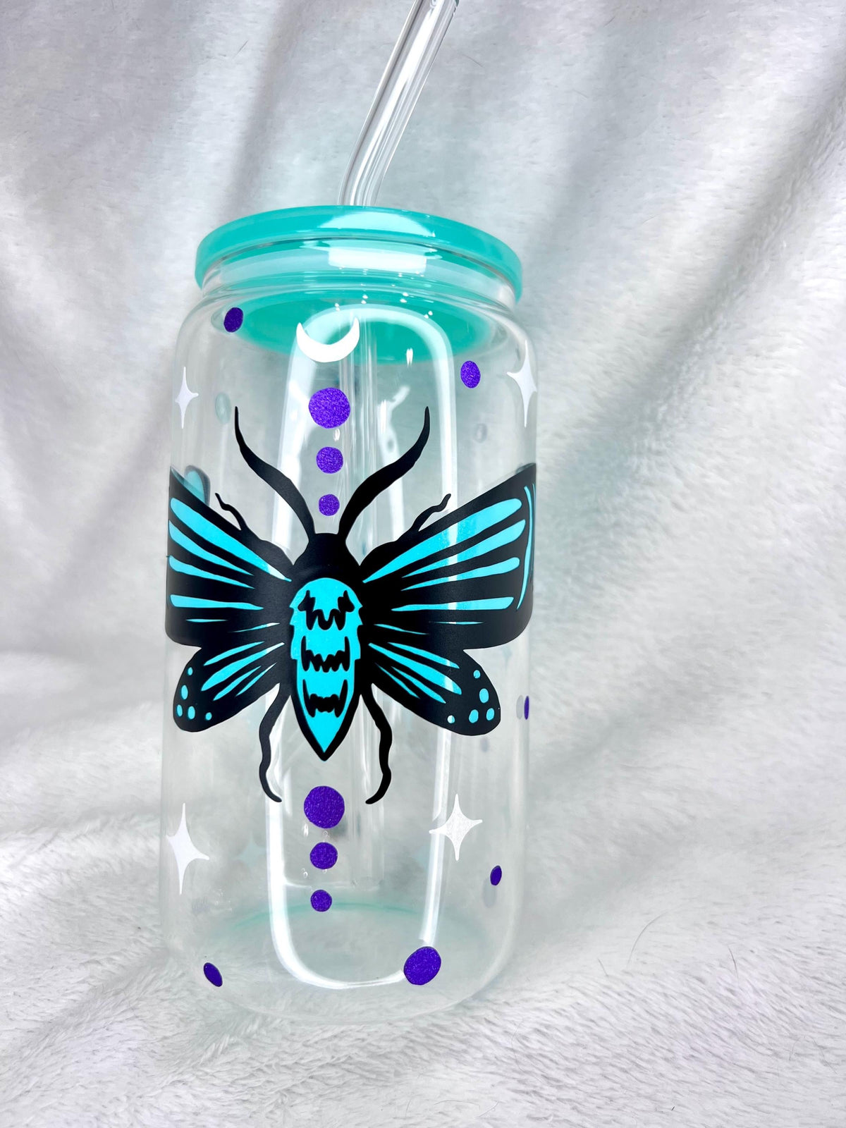 Moth and Stars Glass Cup with Aqua Lid & Straw