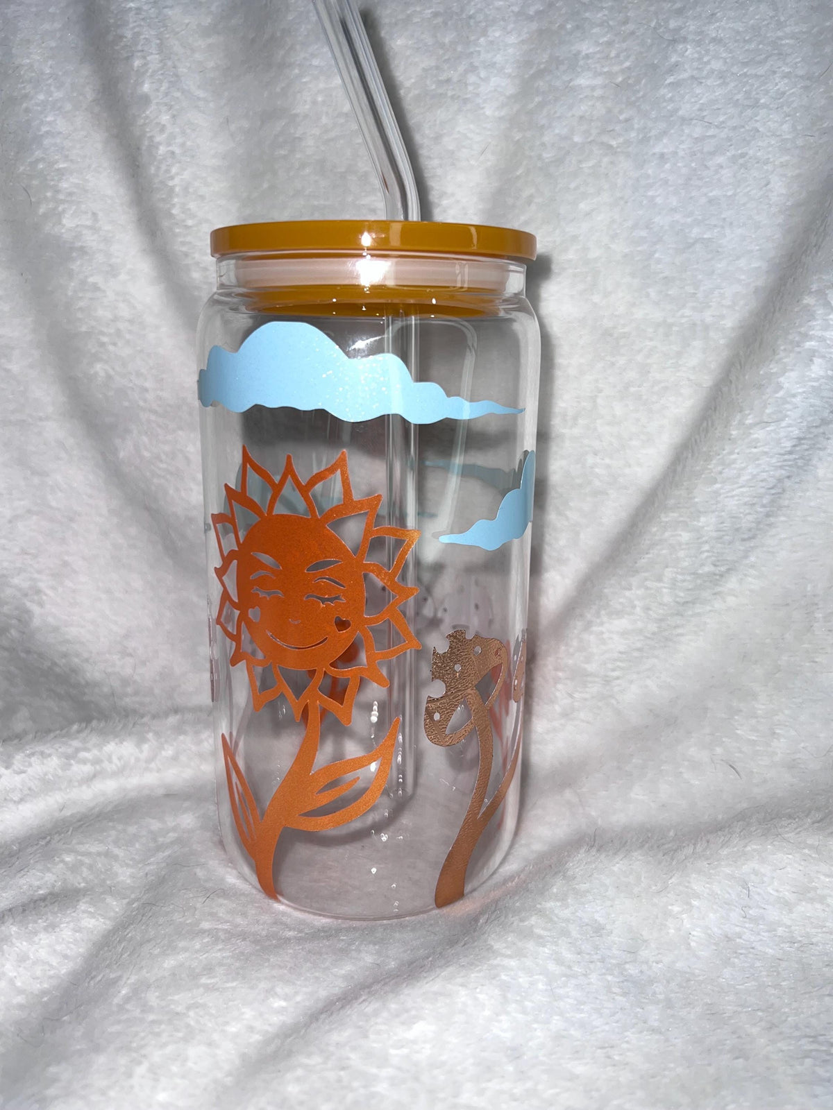 Golden rays of sunshine Glass Cup, Orange Acrylic Lid & Straw