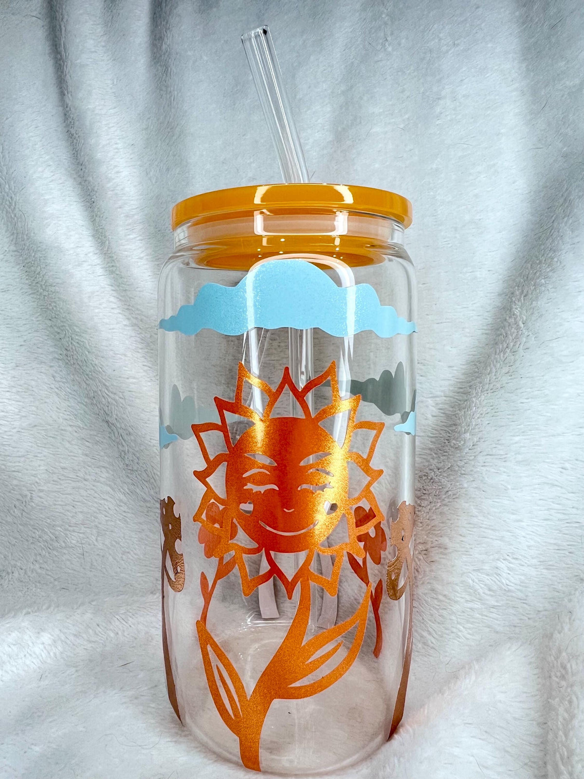 Golden rays of sunshine Glass Cup, Orange Acrylic Lid & Straw