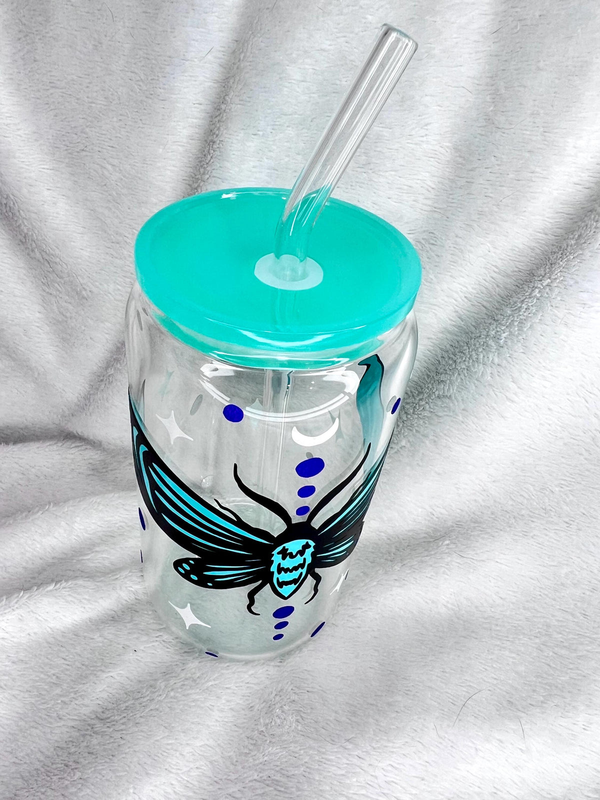 Moth and Stars Glass Cup with Aqua Lid & Straw