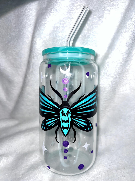Moth and Stars Glass Cup with Aqua Lid & Straw