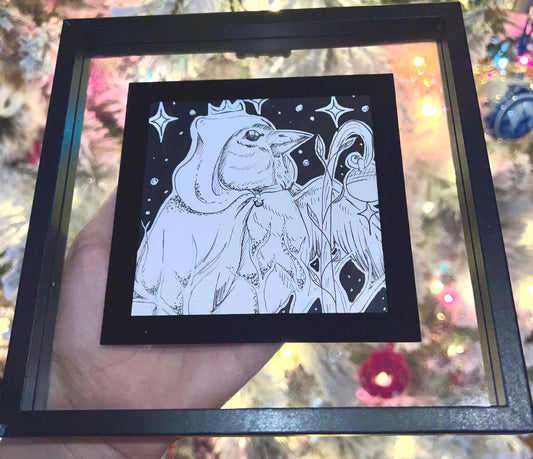 Original Framed Black & White Bird Art, Hand Drawn Ink, Set of 2 (4x4)